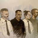 Court artist drawing by Elizabeth Cook of Mohammed Shabir (second left) and Calum Sunderland (right) appearing at Bradford Magistrates' Court