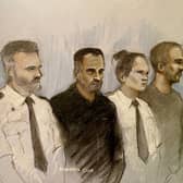 Court artist drawing by Elizabeth Cook of Mohammed Shabir (second left) and Calum Sunderland (right) appearing at Bradford Magistrates' Court