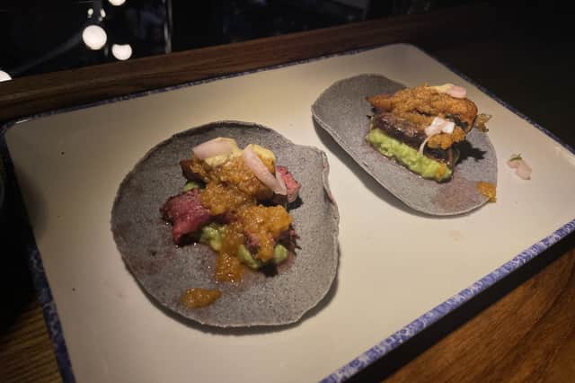 The steak tacos from Salma were soft, with tender and rare meat.