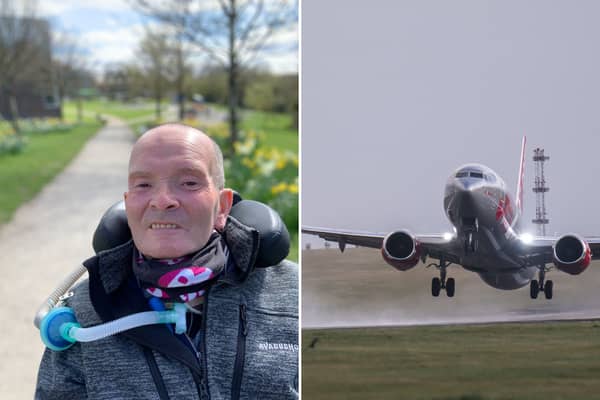 Nick Hodgkinson, Chair of the Group for Action on Leeds Bradford Airport (LBA) and, right, a plane taking off at LBA.