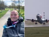 Nick Hodgkinson, Chair of the Group for Action on Leeds Bradford Airport (LBA) and, right, a plane taking off at LBA.