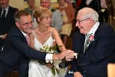 Henry Clayton at the wedding blessing with daughter Fiona Butler-Clayton and her husband.