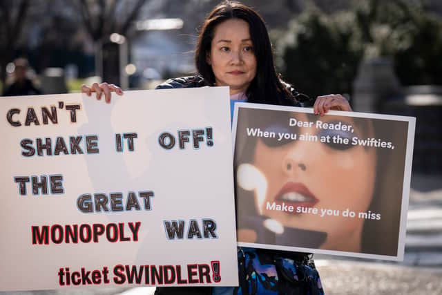 Amy Edwards demonstrates against the live entertainment ticket industry outside the U.S. Capitol January 24, 2023 in Washington, DC. The Senate Judiciary Committee is holding a hearing this morning to explore whether the merger of Live Nation and Ticketmaster has stifled competition and harmed the consumer marketplace.