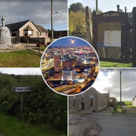Pictures showing the small village of New Leeds, in Aberdeenshire, Scotland, from Google and, inset, the contrasting night-time skyline of Leeds city centre.