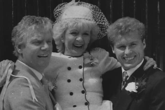 Geoffrey Hinsliff (left) with his on-screen Coronation Street bride Ivy Tilsley (played by actress Lynne Perrie) and screen son Brian (Chris Quinten)