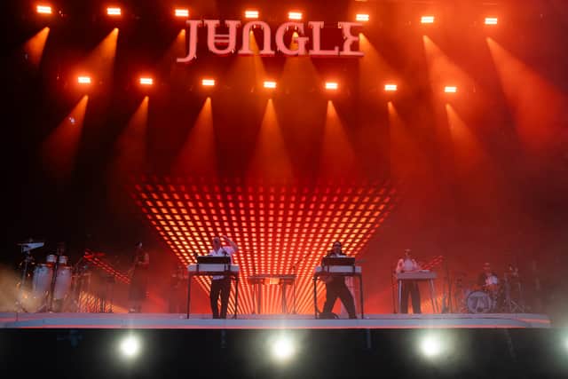 British band Jungle performs on stage during the 20th edition of the Rock en Seine music festival, in Saint-Cloud, outside Paris, on August 23, 2024
