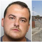 Swindells (pictured) is on trial for attempted murder of his girlfriend outside of the Tesco on Barnsley Road, Wakefield. (pics WYP / Google Maps)