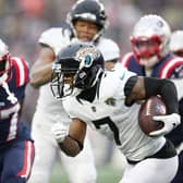 Tavon Austin #7 of the Jacksonville Jaguars runs with the ball in the third quarter of the game against the New England Patriots at Gillette Stadium on January 02, 2022 in Foxborough, Massachusetts.