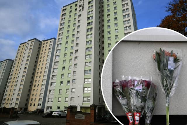 Floral tributes were laid at the scene at Shakespeare Towers where Emma Atkinson died.
