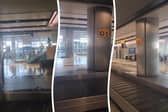 “Sewage” water pours onto baggage carousel at airport.