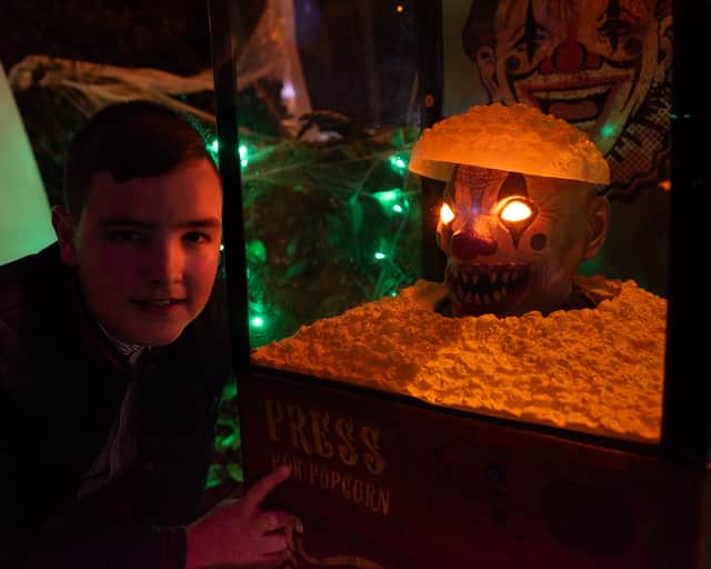 Bailey Wood in his Halloween garden in Blackpool