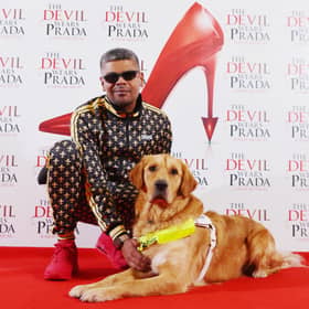 Bill with his Guide Dog handler Mohammed Ibrahim on the red carpet of The Devil Wears Prada at Dominion Theatre