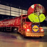 ‘Nick’ brings the Lidl cola truck to life. He is seen ticking off his list and loading up present boxes, in the Christmas ad campaign.