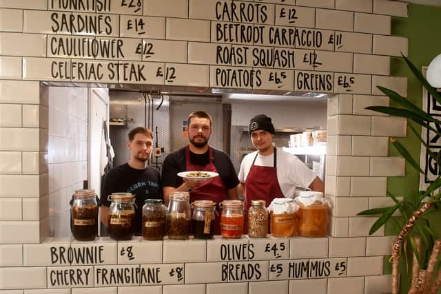From left, Sam Griffiths, Angus Evans and Fabien Adams are among the team at Eat Your Greens, the experimental eatery that's carved out a niche for itself by setting a tricky culinary challenge - no food is to be wasted.