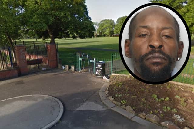 Mhlanga (inset) targeted the girl as she walked through Cross Flatts Park in Beeston. (pics by Google Maps/WYP)