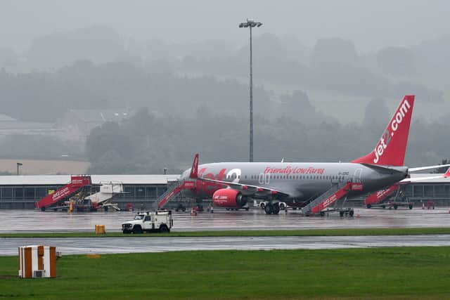 Jet2 passenger jets parked up on the runway at Leeds Bradford Airport on 16 August 2020. 