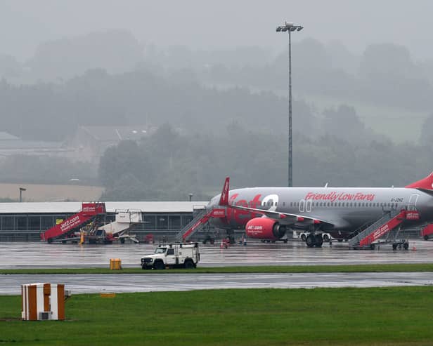 Jet2 passenger jets parked up on the runway at Leeds Bradford Airport on 16 August 2020. 
