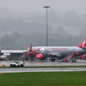Jet2 passenger jets parked up on the runway at Leeds Bradford Airport on 16 August 2020. 