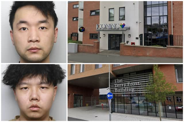 Wang (top left) and Dong (bottom left) were both jailed for the sophisticated plot to import cannabis, delivered to other students at buildings such as the Iconinc and Terry Frost accommodation. (pics by WYP / Google Maps)