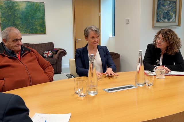 From left, Blackpool Brunswick PACT chairman Brian Roberts, Home Secretary Yvette Cooper and policing minister Dame Diana Johnson at the Home Office discussing the NationalWorld campaign Silent Crime on November 21, 2024