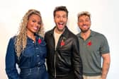 (L-R) I'm a Celebrity Unpacked hosts Kemi Rodgers, Joel Dommett and Sam Thompson. Photo: ITV