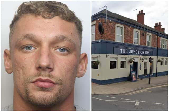 Leon Stead (pictured) attacked the man The Junction Inn in Normanton. (pics by WYP / Google Maps)