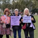Members of the Leeds Waspi group outside Parliament as the Autumn Budget was unveiled, including Jan, right.