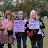 Members of the Leeds Waspi group outside Parliament as the Autumn Budget was unveiled, including Jan, right.