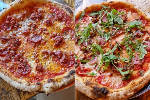 Carne pizza, left, and the pigs in blanket pizza at Ottimo Pizza, on Roundhay Road, Oakwood, Leeds.