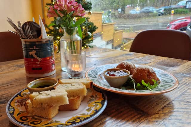 Arancini and focaccia at Ottimo Pizza, on Roundhay Road, Oakwood, Leeds.