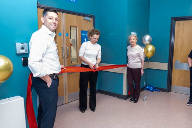 Katie White MP cuts the ribbon on the new Elective Care Hub at Wharfedale Hospital, flanked by Leeds Teaching Hospitals NHS Trust’s Director of Estates and Facilities Craige Richardson and Chair Dame Linda Pollard.