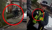 Man with a knife is chased down by police officer on a bike.