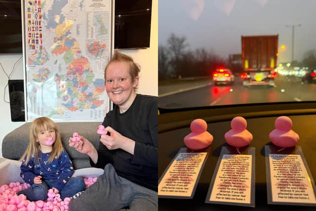 Bex Hainsworth with daughter Chloe Mae. Mrs Hainsworth initiated a pink duck project and has seen them travel the world to keep her "memory alive".