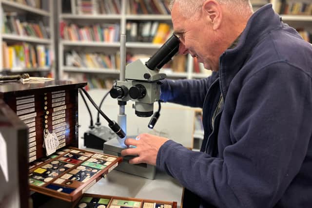 Volunteer Stephen Crabtree uses a microscope to study the slides at the Leeds Discovery Centre. Stored in small, wooden trays, the collection is thousands strong and is being painstakingly reviewed as part of a volunteer project.
