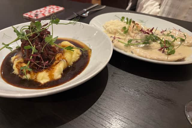 The hearty ox cheek and creamy chicken dish.