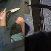 Police officer wrestles and disarms knifeman.