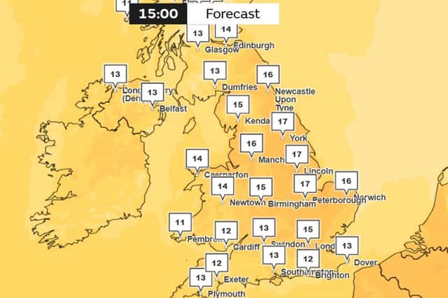 Met Office temperatures map for 15:00 on March 6.