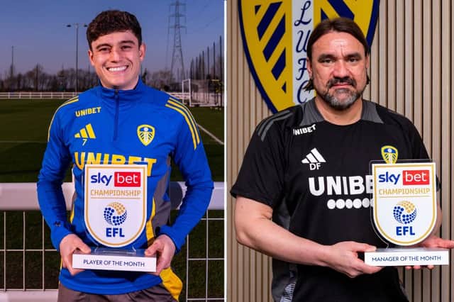Leeds United’s Dan James and Daniel Farke with their respective Player and Manager of the Month Awards for February