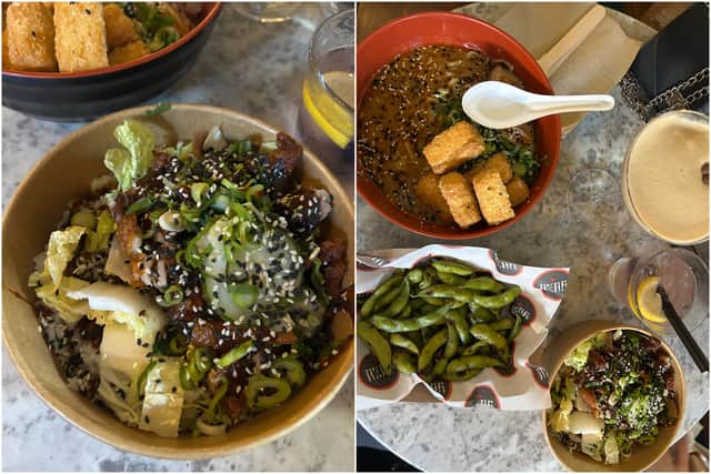 The food - hoisin duck donburi, miso ramen with tofu and edamame with chilli salt