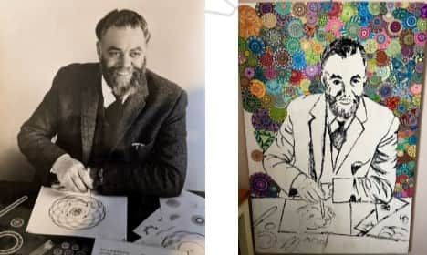 Denys Fisher creating a pattern with his iconic Spirograph invention, next to Evans’ work in progress; the entire portrait will be created with individual collaged spirograph patterns.
