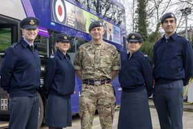 Kicking off the recruitment campaign for Leeds and Bradford, pictured left to right, Wing Commander Buckingham and Sergeant Ward of the Northern Reserve Supporting Wing, with Lance Corporal Vinand, Corporal Lee and AS1 Kalkhoran, of the RAF Reserves.