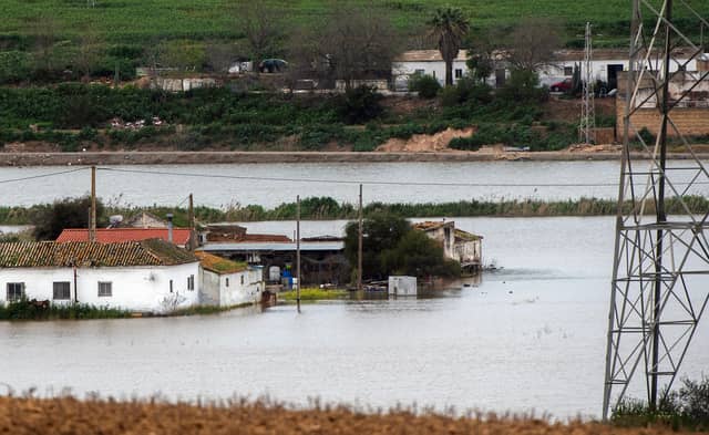 Houses in the middle of a flooded area after Storm Laurence passed through El Palmar de Troya in southern Spain, before Martinho swept in.