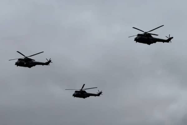 Puma helicopters fly over RAF Cosford.