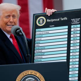 President Donald Trump holds up a chart of "reciprocal tariffs" while speaking during a trade announcement event in the Rose Garden at the White House.