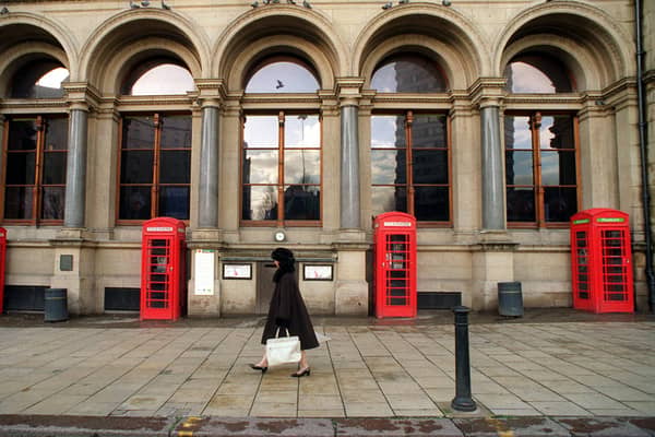 Traditional Red phone boxes stand proud in City Square outside the Leeds General Post Office. Pictured in December 1997.