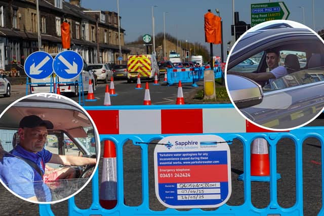 Thornbury Roundabout, between Leeds and Bradford, where commuters have faced severe congestion while roadworks are in place. Pictured inset are commuters Mark, left, and Harris, right, who were caught up in the chaos.