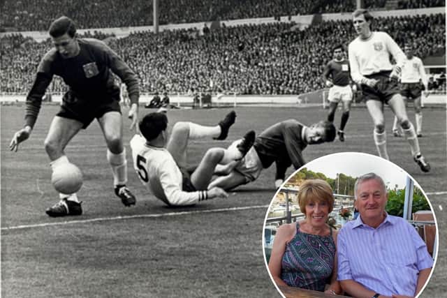 Wally Bennett, pictured in the centre, playing at Wembley in the 1967 Amateur Cup Final for Skelmersdale United and, inset, Wally and Rita Bennett.