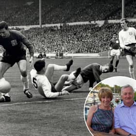 Wally Bennett, pictured in the centre, playing at Wembley in the 1967 Amateur Cup Final for Skelmersdale United and, inset, Wally and Rita Bennett.