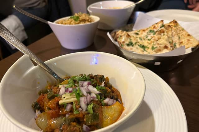The bhindi dopyaza curry, garlic naan and pulao rice