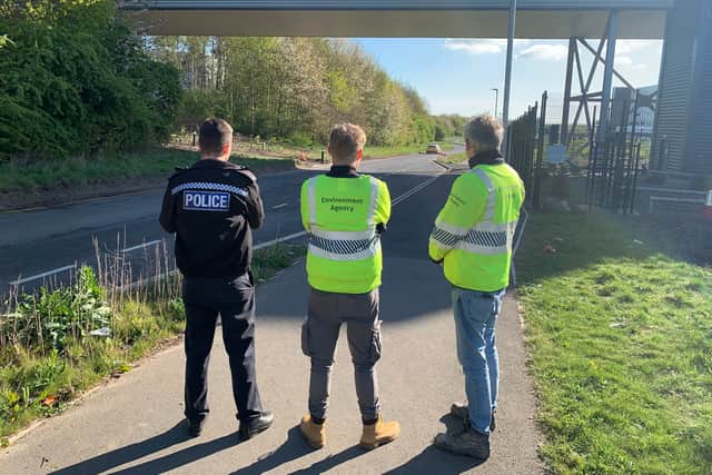 Police and Environment Agency officers have carried out checks at a waste site that is subject to a suspension notice.